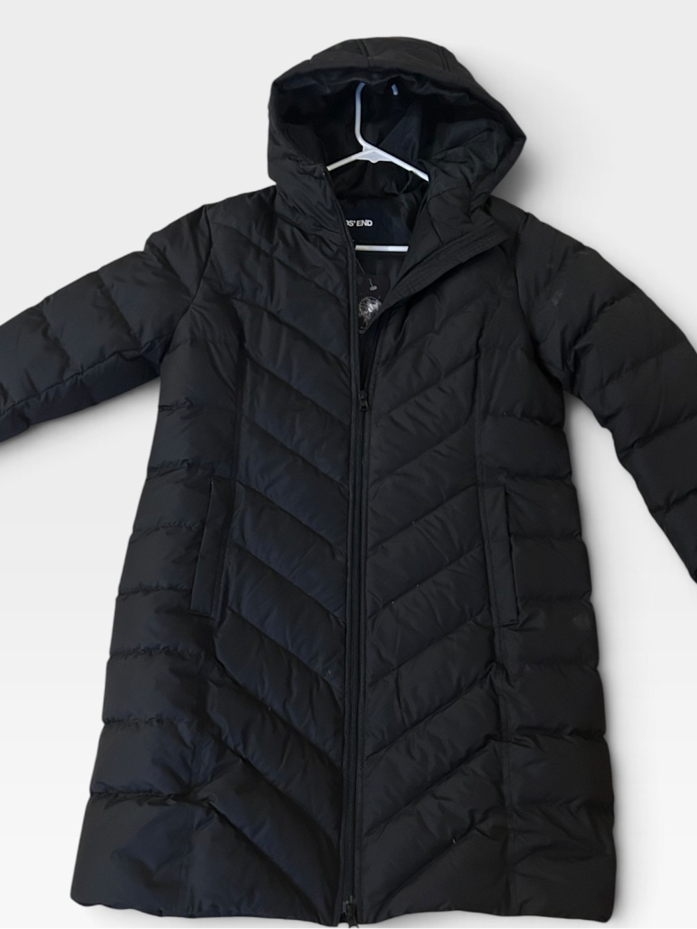 Lands End down filled Women's Black Hooded Coat - Long Winter Jacket med NEW